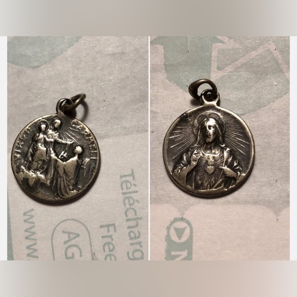 Antique Old Religious MEDAL Engraved XIX 19th France Virgin Mary Jesus Silver